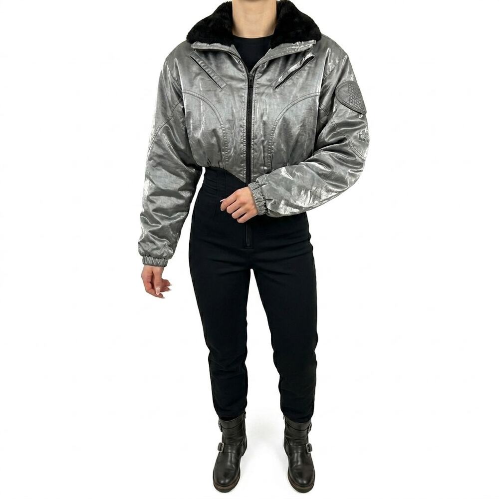 Vintage 90s Nils Silver Metallic Black Faux Fur Collar Ski Suit One Piece Size S - Picture 2 of 16